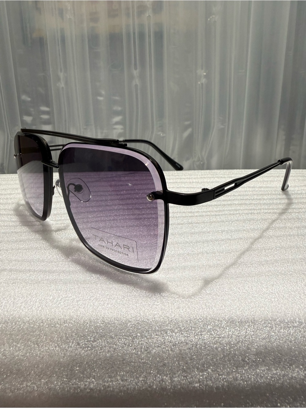 TAHARI Women’s Oversized Black Metal rame Sunglasses w/Scalloped Purple lens